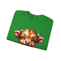 Coffee Addict Highland Cow Drinking Iced Coffee – Gildan Heavy Blend | Trendy Women’s Soft Sweatshirt. Direct to Garment. Printed & Shipped in the USA. Unisex Sizes.