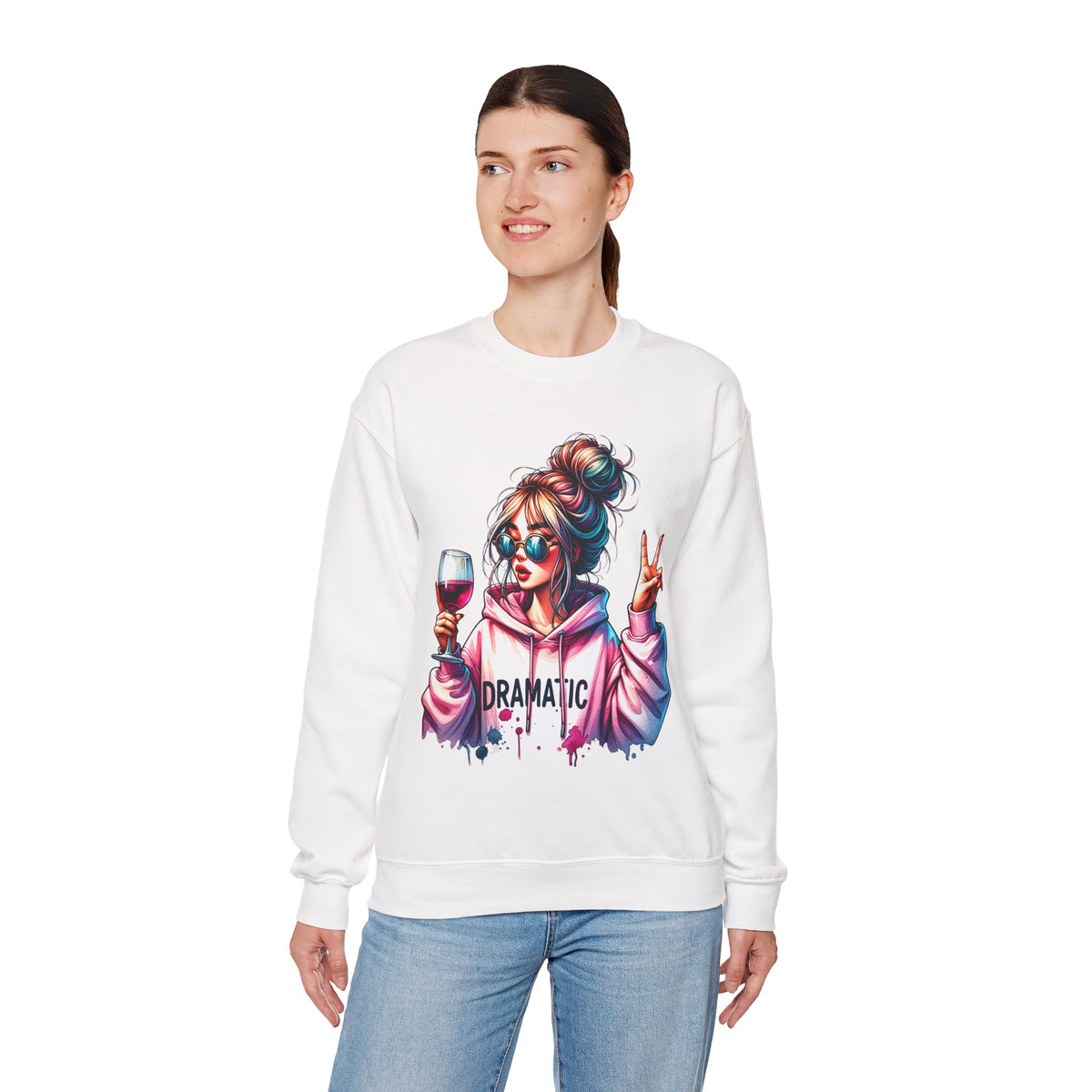 Dramatic Girl With Wine Messy Bun Peace Sign – Gildan Heavy Blend | Trendy Women’s Soft Sweatshirt. Direct to Garment. Printed & Shipped in the USA. Unisex Sizes.