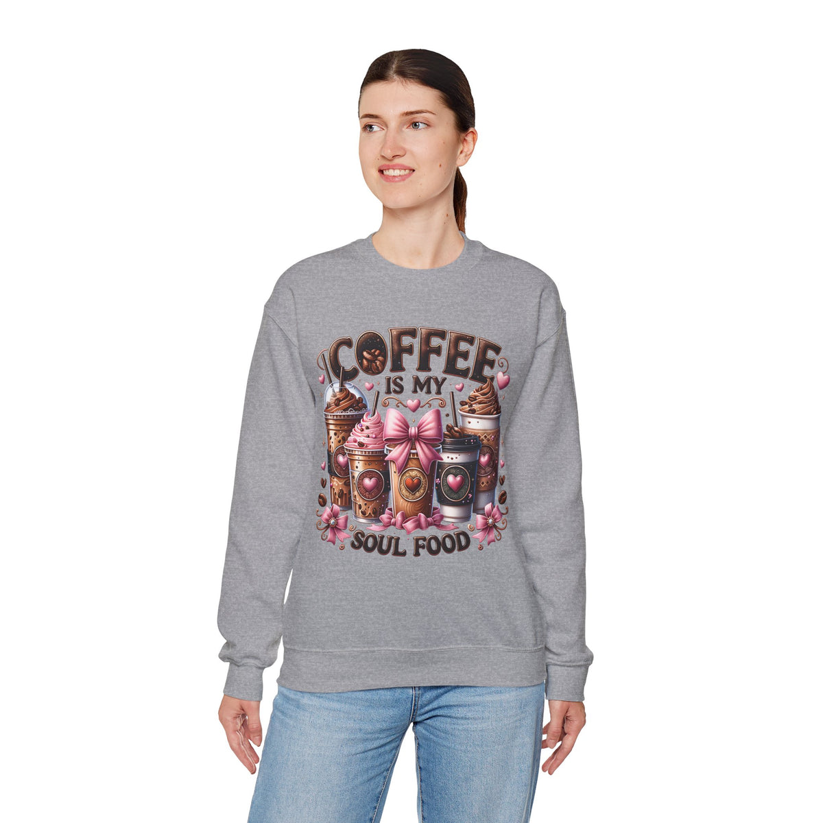 Coffee Is My Soul Food, Iced Coffee, Pink Bow – Gildan Heavy Blend | Trendy Women’s Soft Sweatshirt. Direct to Garment. Printed & Shipped in the USA. Unisex Sizes.