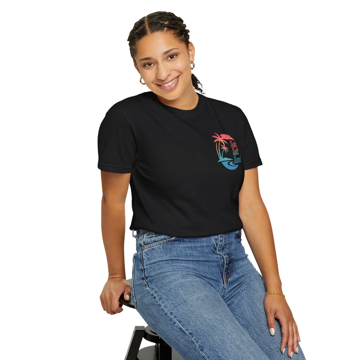 Sun Salt Sand, Beach Sunset - Front & Back Print - Comfort Colors | Trendy Women's and Men's T-Shirt. Direct to Garment. Printed & Shipped in the USA. Unisex Sizes.