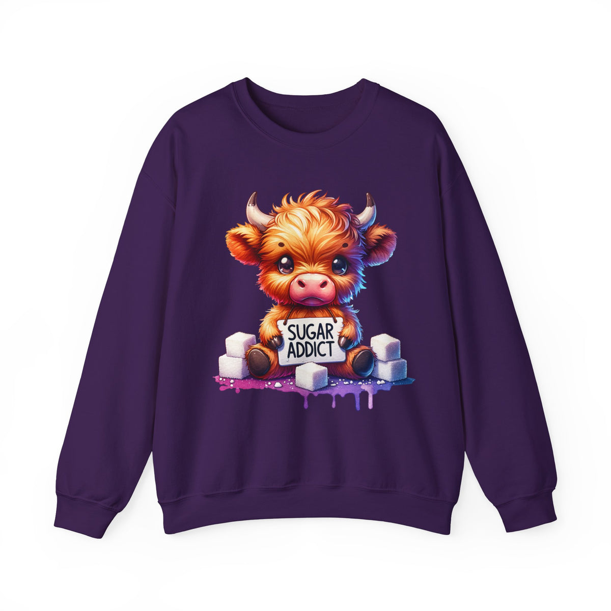 Sugar Addict Highland Cow – Gildan Heavy Blend | Trendy Women’s Soft Sweatshirt. Direct to Garment. Printed & Shipped in the USA. Unisex Sizes.
