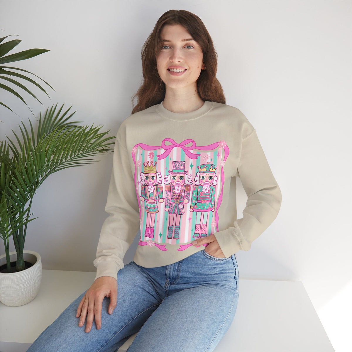 Coquette Pastel Christmas Nutcracker Trio Pink and Green – Gildan Heavy Blend | Trendy Women’s Soft Sweatshirt. Direct to Garment. Printed & Shipped in the USA. Unisex Sizes.