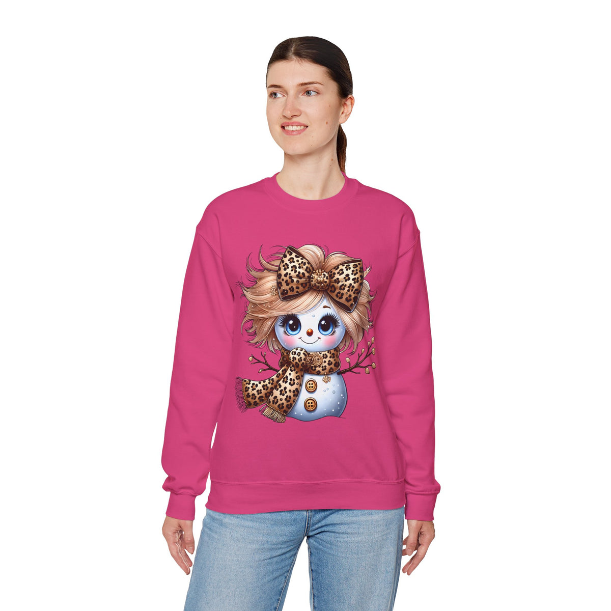 Snowgirl Cute Leopard Bow Snowman, Winter Cozy – Gildan Heavy Blend | Trendy Women’s Soft Sweatshirt. Direct to Garment. Printed & Shipped in the USA. Unisex Sizes.