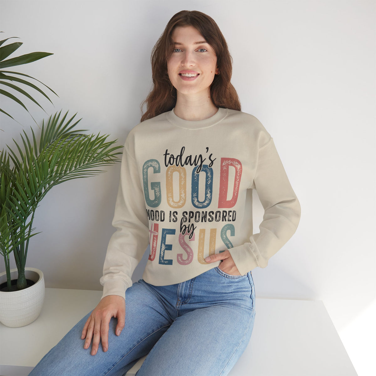Today's Good Mood Sponsored By Jesus, Christian, Faith – Gildan Heavy Blend | Trendy Women’s Soft Sweatshirt. Direct to Garment. Printed & Shipped in the USA. Unisex Sizes.