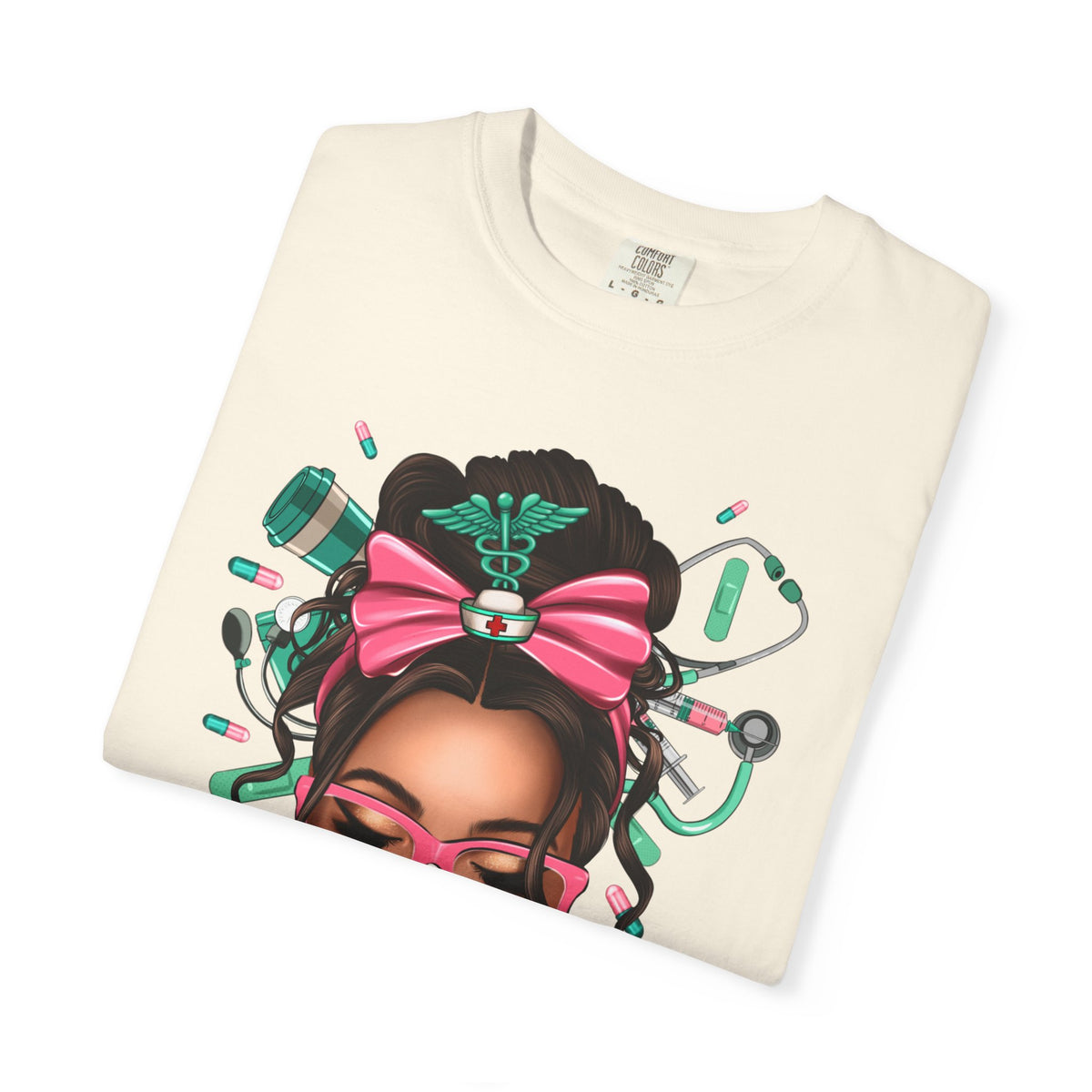 Nurse Life Messy Bun, Cute Stethoscope & Syringe - Comfort Colors | Trendy Women's T-Shirt. Direct to Garment. Printed & Shipped in the USA. Unisex Sizes.