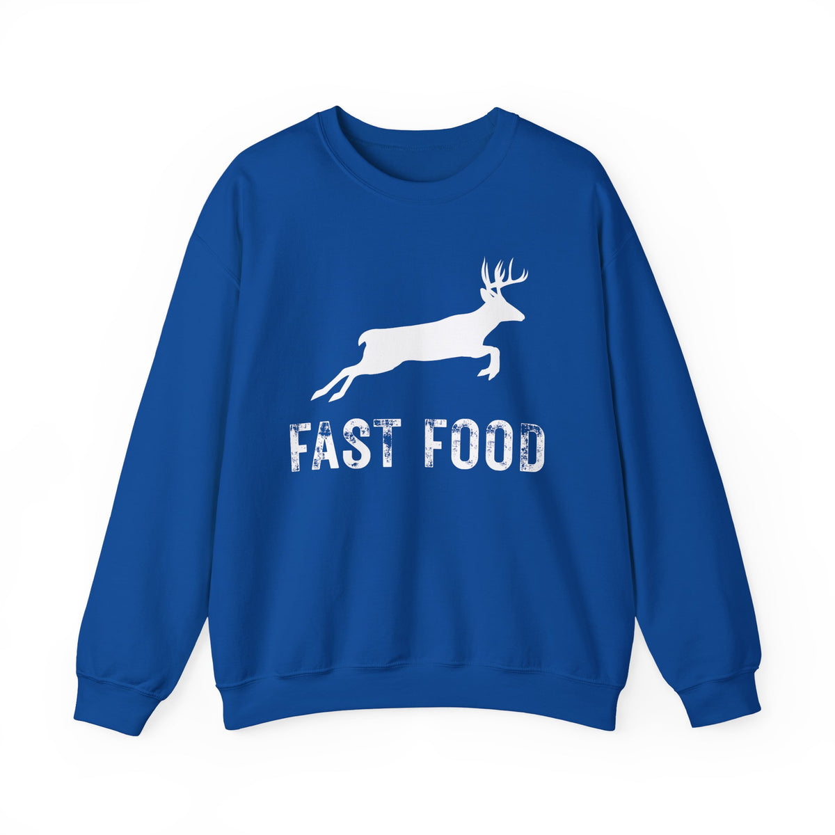 Fast Food Deer Hunting Humor Distressed – Gildan Heavy Blend | Trendy Men's and Women’s Soft Sweatshirt. Direct to Garment. Printed & Shipped in the USA. Unisex Sizes.