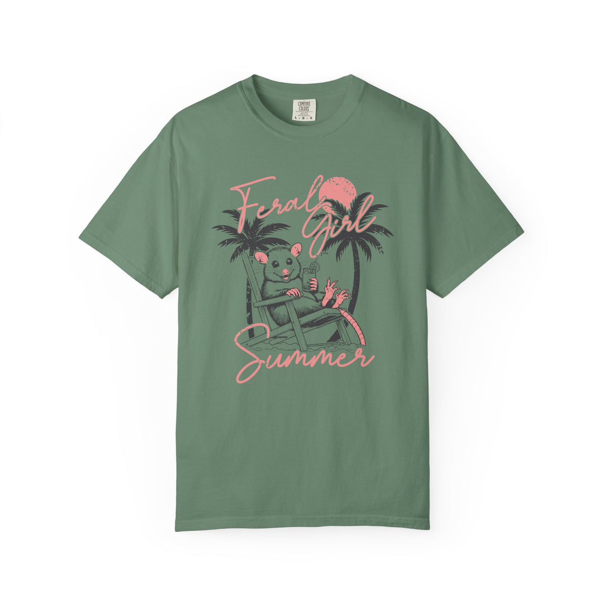 Feral Girl Summer, Possum on a Beach - Comfort Colors | Trendy Women's T-Shirt. Direct to Garment. Printed & Shipped in the USA. Unisex Sizes.