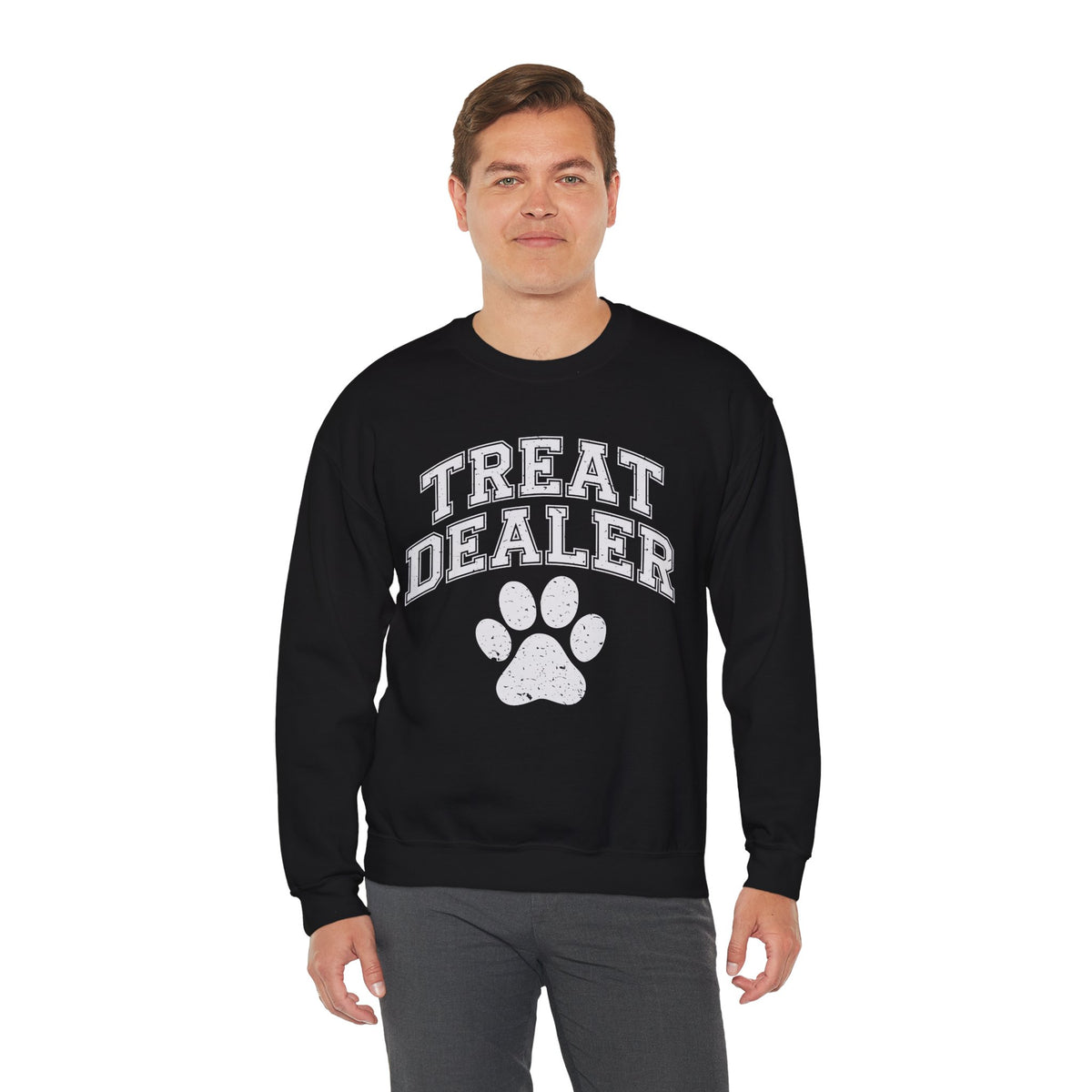 Treat Dealer, Dog Lover – Gildan Heavy Blend | Trendy Men's and Women’s Soft Sweatshirt. Direct to Garment. Printed & Shipped in the USA. Unisex Sizes.