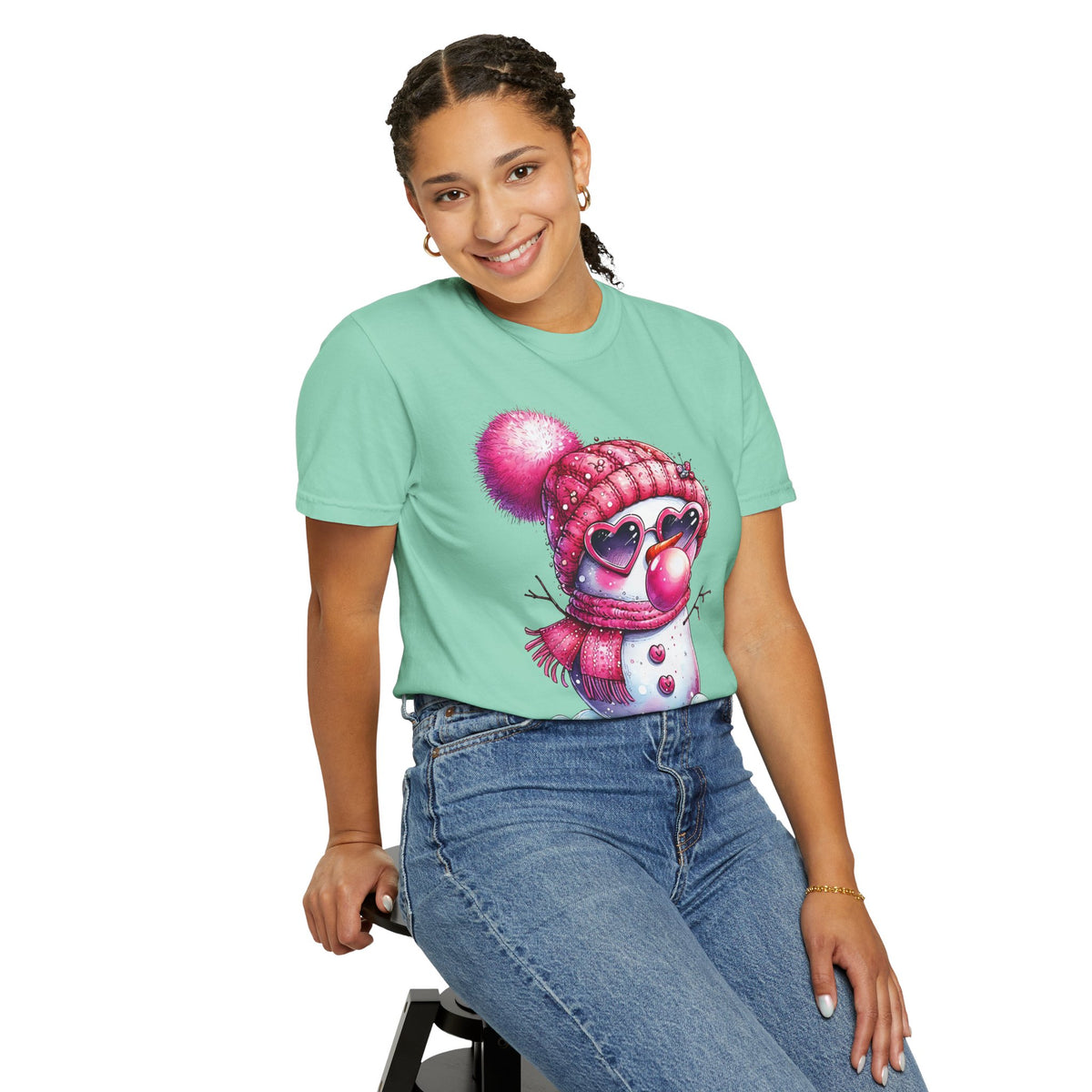 Pink Girly Snowman with Heart Sunglasses and Bubblegum Winter - Comfort Colors | Trendy Women's T-Shirt. Direct to Garment. Printed & Shipped in the USA. Unisex Sizes.