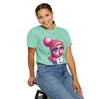 Pink Girly Snowman with Heart Sunglasses and Bubblegum Winter - Comfort Colors | Trendy Women's T-Shirt. Direct to Garment. Printed & Shipped in the USA. Unisex Sizes.