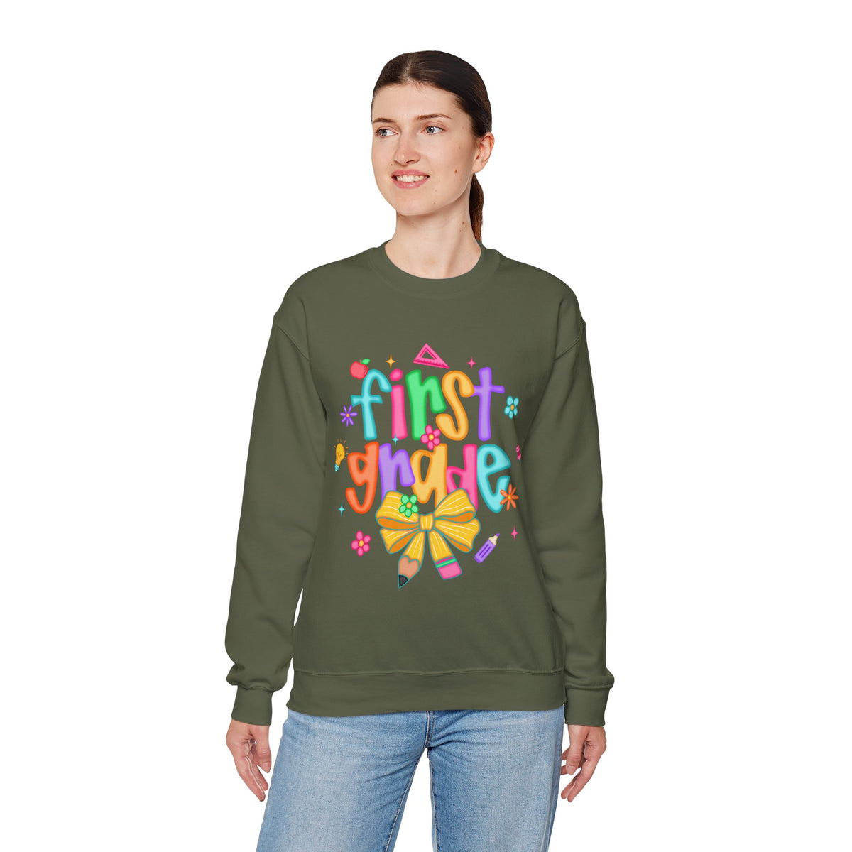 Coquette First Grade Pencil Bow – Gildan Heavy Blend | Trendy Women’s Soft Sweatshirt. Direct to Garment. Printed & Shipped in the USA. Unisex Sizes.