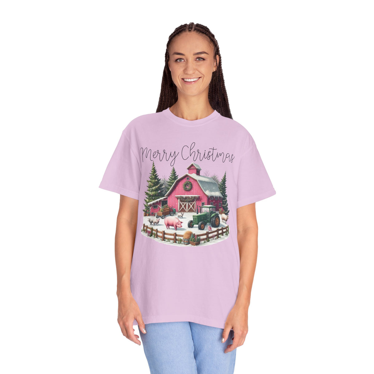 Merry Christmas Pink Barn Farm Animals - Comfort Colors | Trendy Women's T-Shirt. Direct to Garment. Printed & Shipped in the USA. Unisex Sizes.