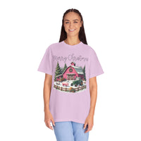 Merry Christmas Pink Barn Farm Animals - Comfort Colors | Trendy Women's T-Shirt. Direct to Garment. Printed & Shipped in the USA. Unisex Sizes.