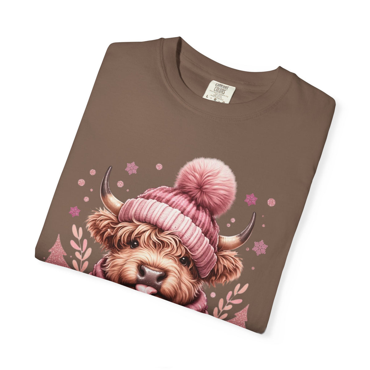 Cozy Highland Cow, Winter Coffee Mug & Scarf - Comfort Colors | Trendy Women's T-Shirt. Direct to Garment. Printed & Shipped in the USA. Unisex Sizes.
