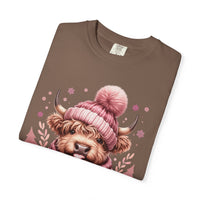 Cozy Highland Cow, Winter Coffee Mug & Scarf - Comfort Colors | Trendy Women's T-Shirt. Direct to Garment. Printed & Shipped in the USA. Unisex Sizes.