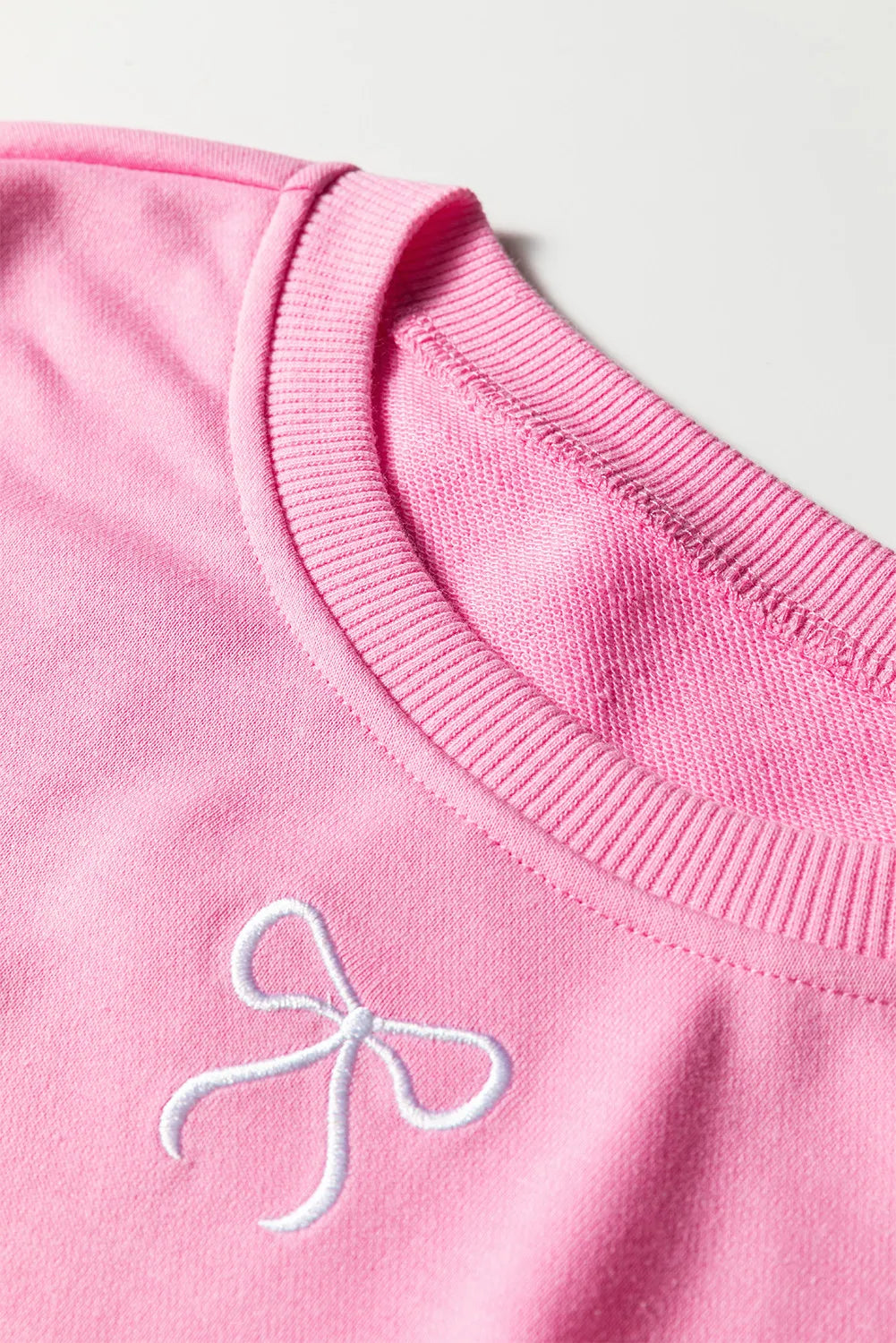 Pink, Bow Embroidered 2pc Sweatshirt & Shorts Loungewear Set with Pockets