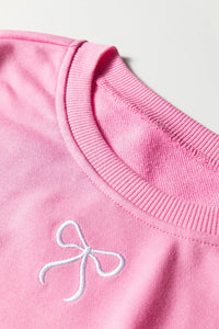 Pink, Bow Embroidered 2pc Sweatshirt & Shorts Loungewear Set with Pockets