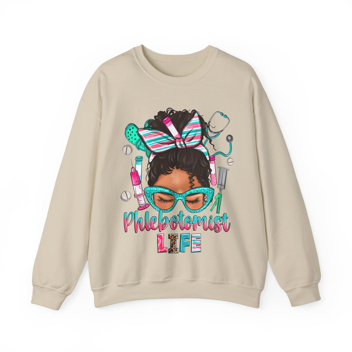 Phlebotomist Life, Messy Bun – Gildan Heavy Blend | Trendy Women’s Soft Sweatshirt. Direct to Garment. Printed & Shipped in the USA. Unisex Sizes.