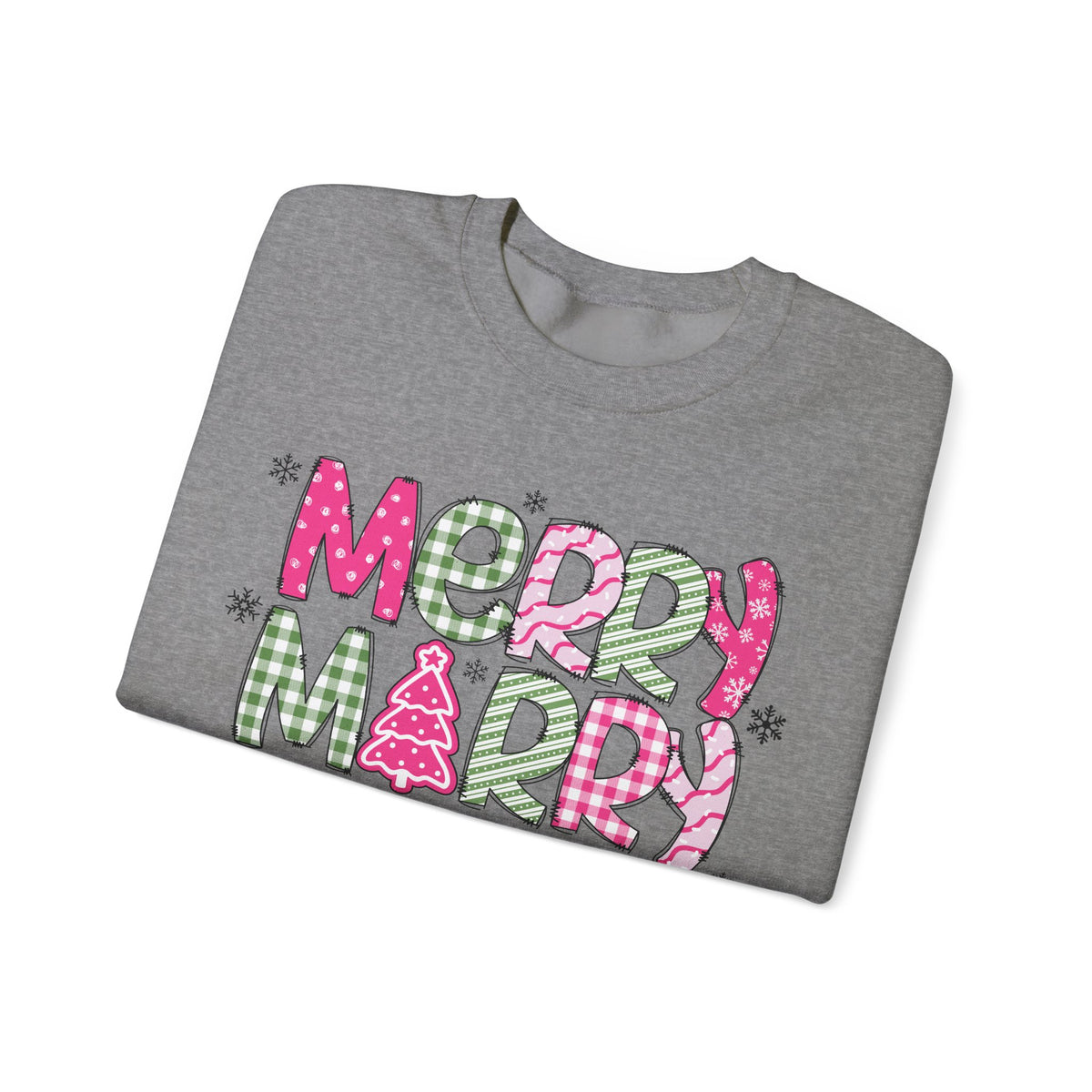 Merry Merry Merry Christmas Festive Candy Cane - Pink and Green – Gildan Heavy Blend | Trendy Women’s Soft Sweatshirt. Direct to Garment. Printed & Shipped in the USA. Unisex Sizes.