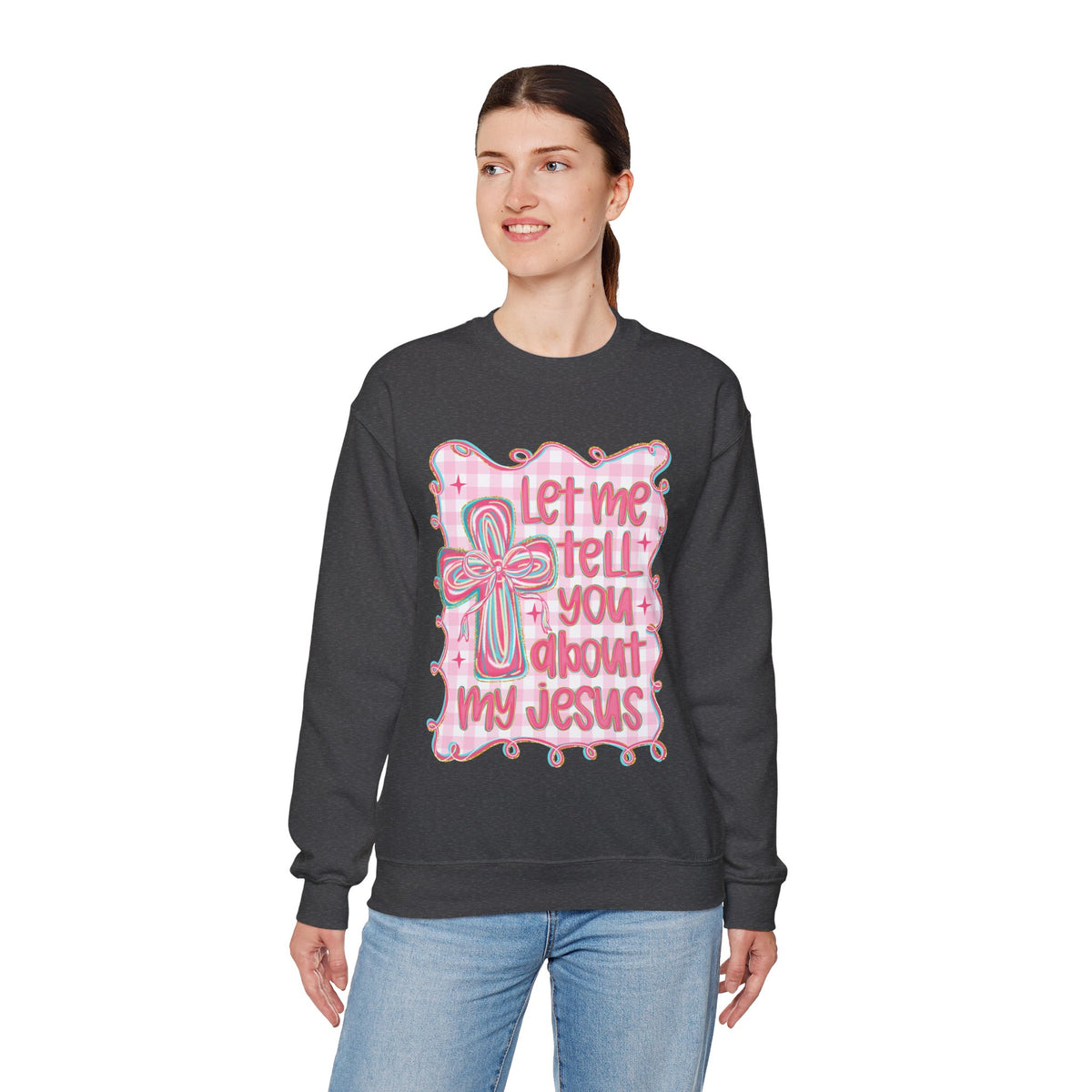 Let Me Tell You About My Jesus, Pink and Green – Gildan Heavy Blend | Trendy Women’s Soft Sweatshirt. Direct to Garment. Printed & Shipped in the USA. Unisex Sizes.