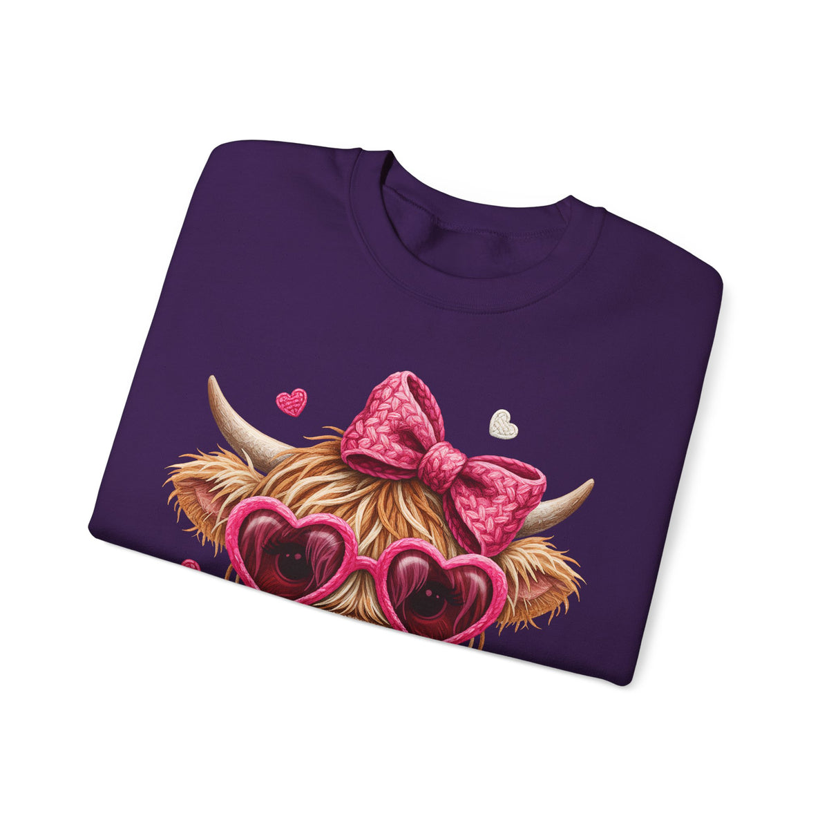 Highland Cow - Pink Heart Shaped Glasses – Gildan Heavy Blend | Trendy Women’s Soft Sweatshirt. Direct to Garment. Printed & Shipped in the USA. Unisex Sizes.