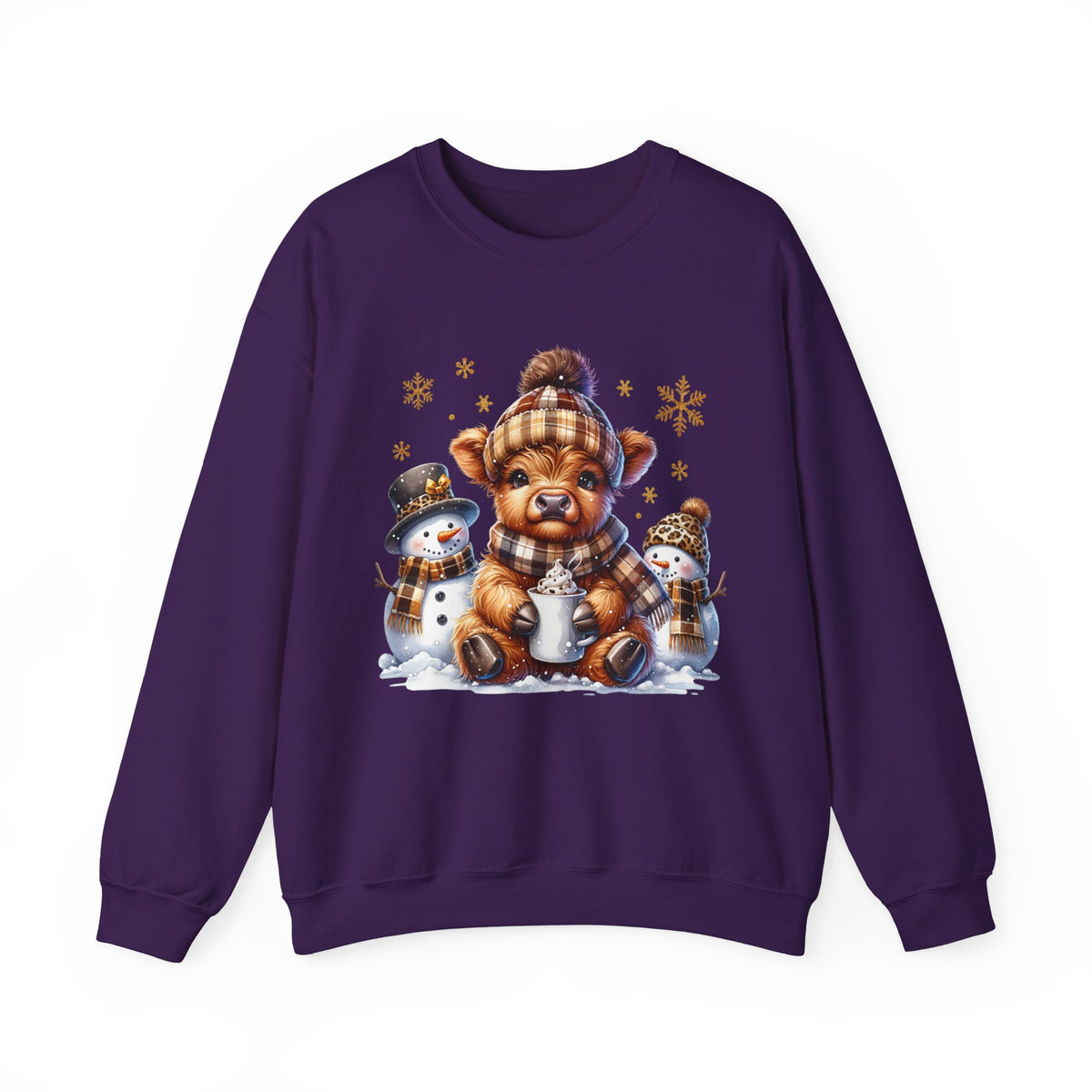 Cute Highland Cow with Snowmen, Winter – Gildan Heavy Blend | Trendy Women’s Soft Sweatshirt. Direct to Garment. Printed & Shipped in the USA. Unisex Sizes.