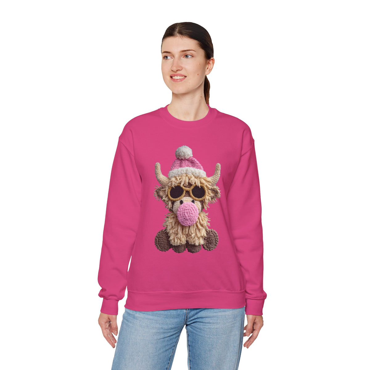 Faux Crochet Highland Cow Bubblegum – Gildan Heavy Blend | Trendy Women’s Soft Sweatshirt. Direct to Garment. Printed & Shipped in the USA. Unisex Sizes.