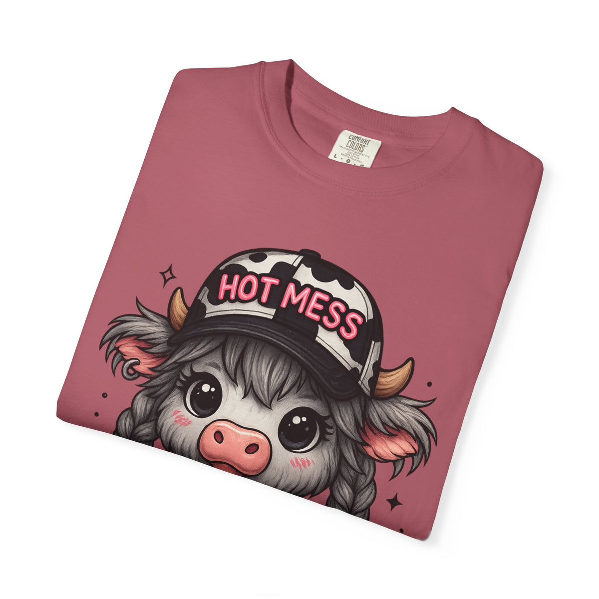 Cute Highland Cow 'Hot Mess' In Braids  - Comfort Colors | Trendy Women's T-Shirt. Direct to Garment. Printed & Shipped in the USA. Unisex Sizes.