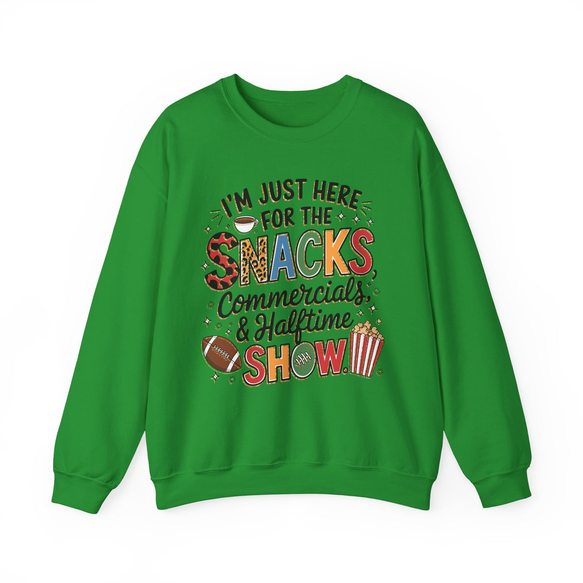 I’m Just Here for the Snacks, Commercials & Halftime Show – Gildan Heavy Blend | Trendy Women’s Soft Sweatshirt. Direct to Garment. Printed & Shipped in the USA. Unisex Sizes.