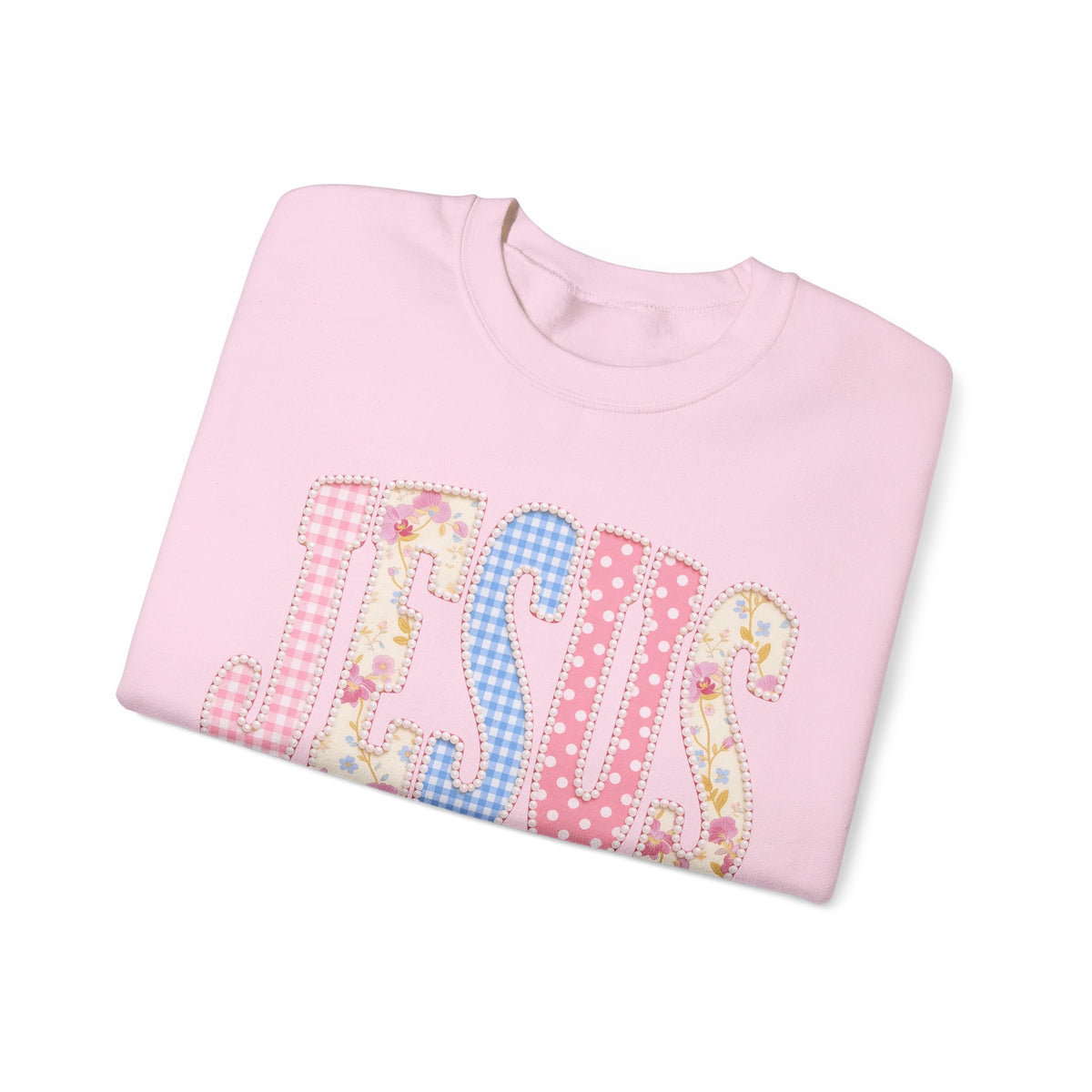 JESUS Pastel Faux Patchwork – Gildan Heavy Blend | Trendy Women’s Soft Sweatshirt. Direct to Garment. Printed & Shipped in the USA. Unisex Sizes.