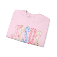 JESUS Pastel Faux Patchwork – Gildan Heavy Blend | Trendy Women’s Soft Sweatshirt. Direct to Garment. Printed & Shipped in the USA. Unisex Sizes.