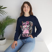 Cute But Feral, Squirrel in Pink Bibs – Gildan Heavy Blend | Trendy Women’s Soft Sweatshirt. Direct to Garment. Printed & Shipped in the USA. Unisex Sizes.
