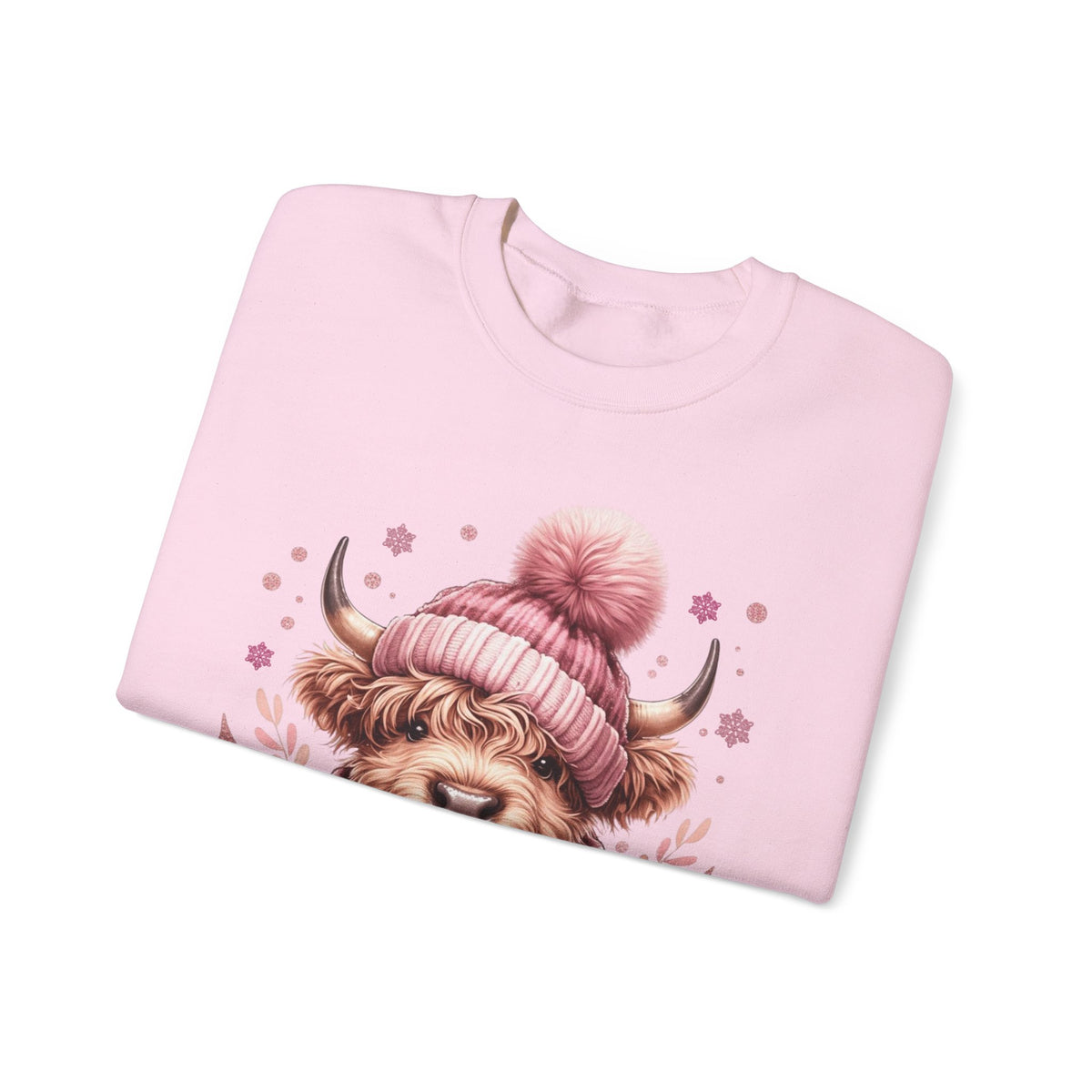 Cozy Highland Cow, Winter Coffee Mug & Scarf Pink – Gildan Heavy Blend | Trendy Women’s Soft Sweatshirt. Direct to Garment. Printed & Shipped in the USA. Unisex Sizes.