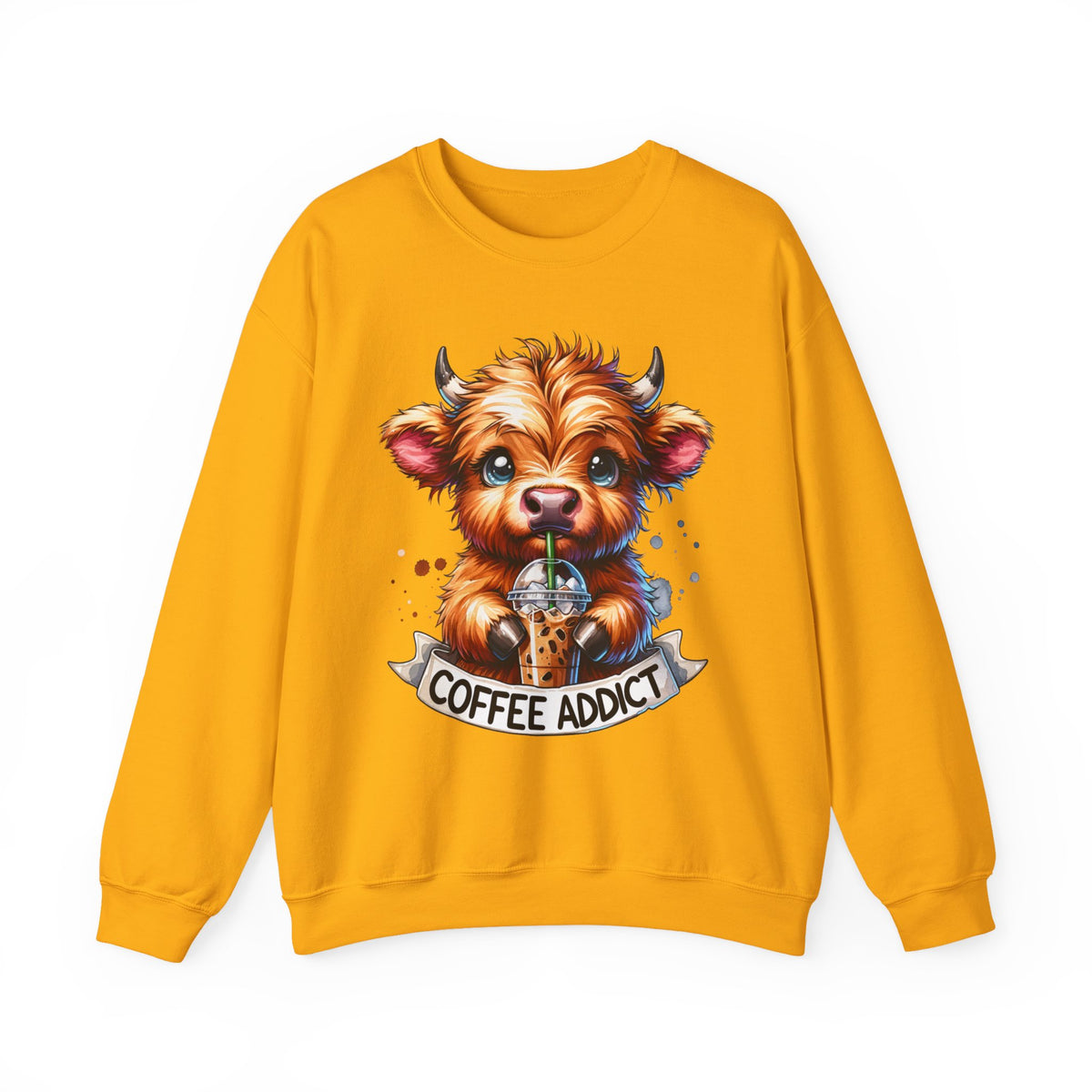 Coffee Addict Highland Cow Drinking Iced Coffee – Gildan Heavy Blend | Trendy Women’s Soft Sweatshirt. Direct to Garment. Printed & Shipped in the USA. Unisex Sizes.