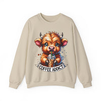 Coffee Addict Highland Cow Drinking Iced Coffee – Gildan Heavy Blend | Trendy Women’s Soft Sweatshirt. Direct to Garment. Printed & Shipped in the USA. Unisex Sizes.