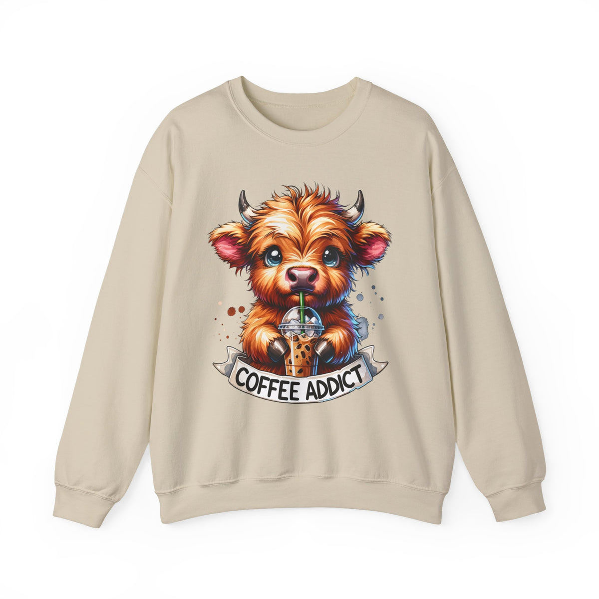 Coffee Addict Highland Cow Drinking Iced Coffee – Gildan Heavy Blend | Trendy Women’s Soft Sweatshirt. Direct to Garment. Printed & Shipped in the USA. Unisex Sizes.