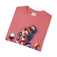 Dramatic Girl With Wine Messy Bun Peace Sign  - Comfort Colors | Trendy Women's T-Shirt. Direct to Garment. Printed & Shipped in the USA. Unisex Sizes.