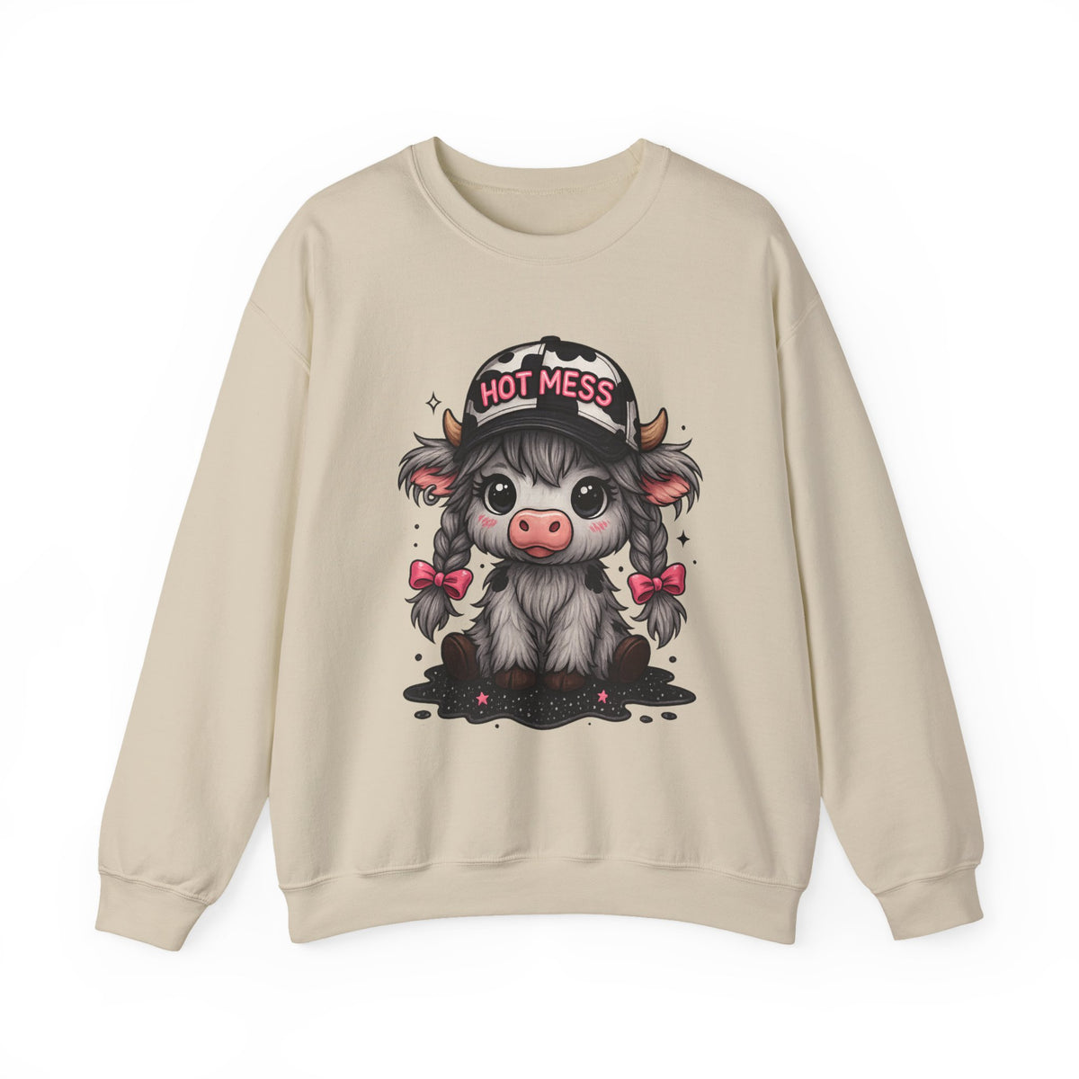 Cute Highland Cow 'Hot Mess' In Braids – Gildan Heavy Blend | Trendy Women’s Soft Sweatshirt. Direct to Garment. Printed & Shipped in the USA. Unisex Sizes.