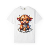 Coffee Addict Highland Cow Drinking Iced Coffee - Comfort Colors | Trendy Women's T-Shirt. Direct to Garment. Printed & Shipped in the USA. Unisex Sizes.