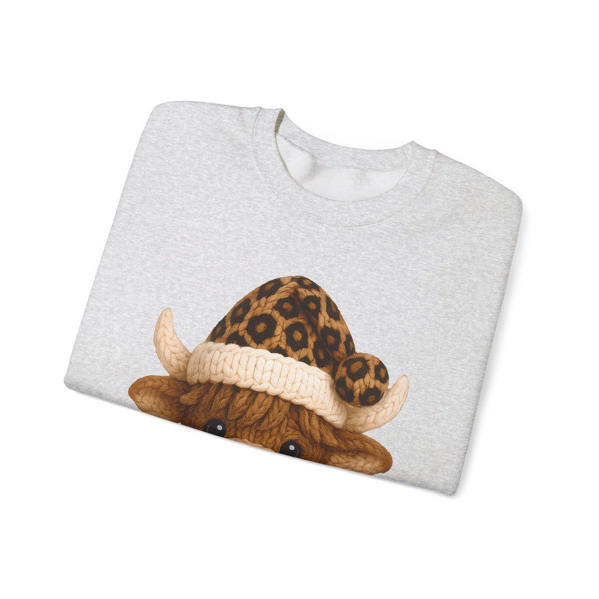 Cute Highland Cow with Leopard Santa Hat Christmas – Gildan Heavy Blend | Trendy Women’s Soft Sweatshirt. Direct to Garment. Printed & Shipped in the USA. Unisex Sizes.