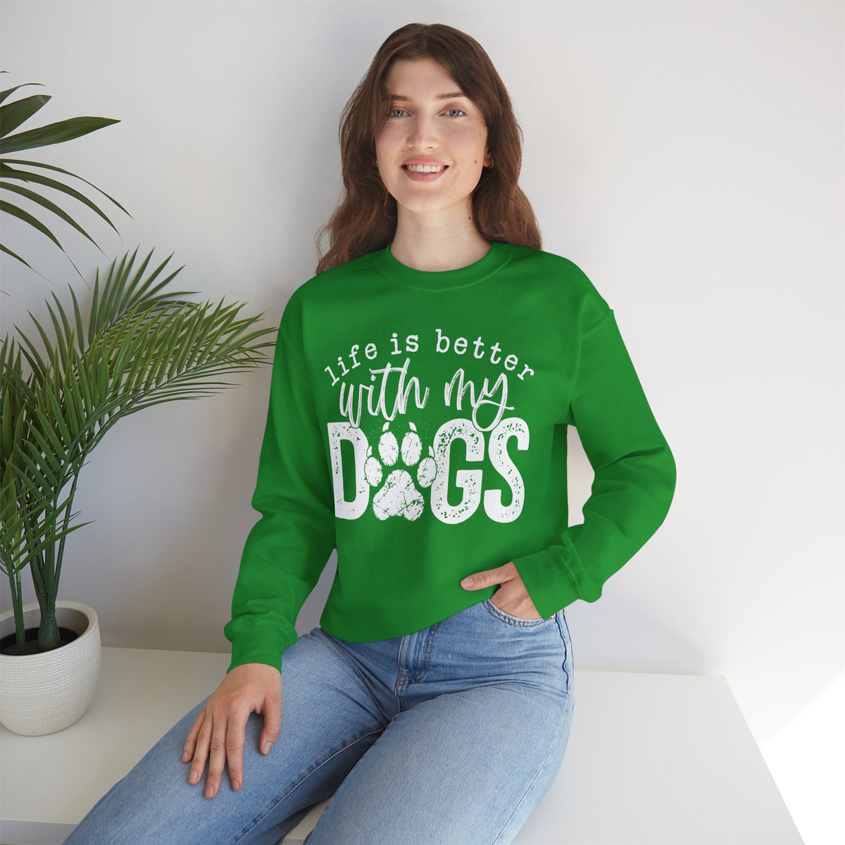 Life Is Better With My Dogs, Distressed – Gildan Heavy Blend | Trendy Women’s and Men's Soft Sweatshirt. Direct to Garment. Printed & Shipped in the USA. Unisex Sizes.