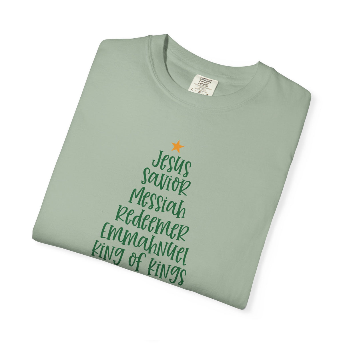 Jesus Name Christmas Tree - Comfort Colors | Trendy Women's T-Shirt. Direct to Garment. Printed & Shipped in the USA. Unisex Sizes.