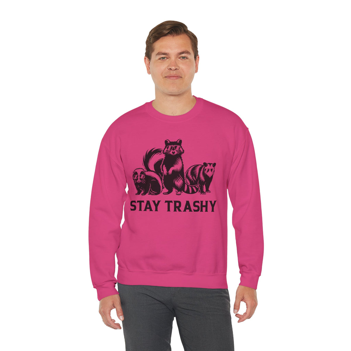 Stay Trashy, Skunk Raccoon Possum – Gildan Heavy Blend | Trendy Women’s and Men's Soft Sweatshirt. Direct to Garment. Printed & Shipped in the USA. Unisex Sizes.