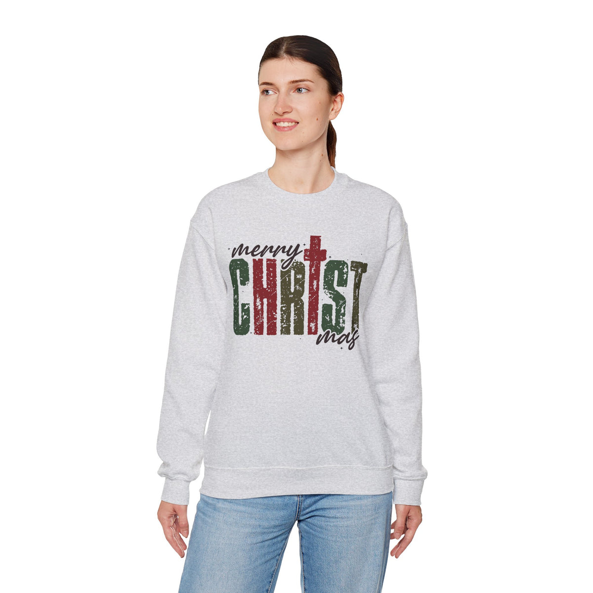 Distressed Merry ChrisTmas Faith Christian – Gildan Heavy Blend | Trendy Women’s Soft Sweatshirt. Direct to Garment. Printed & Shipped in the USA. Unisex Sizes.