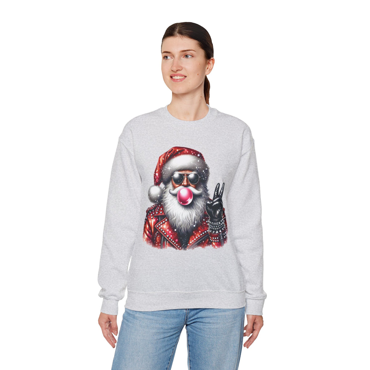 Biker Santa Leather Jacket Bubblegum – Gildan Heavy Blend | Trendy Women’s and Men's Soft Sweatshirt. Direct to Garment. Printed & Shipped in the USA. Unisex Sizes.