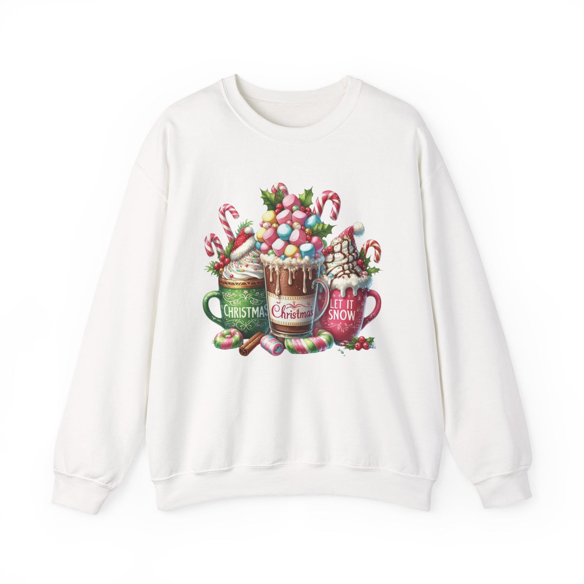 Hot Chocolate Mugs Christmas Hot Cocoa – Gildan Heavy Blend | Trendy Women’s Soft Sweatshirt. Direct to Garment. Printed & Shipped in the USA. Unisex Sizes.