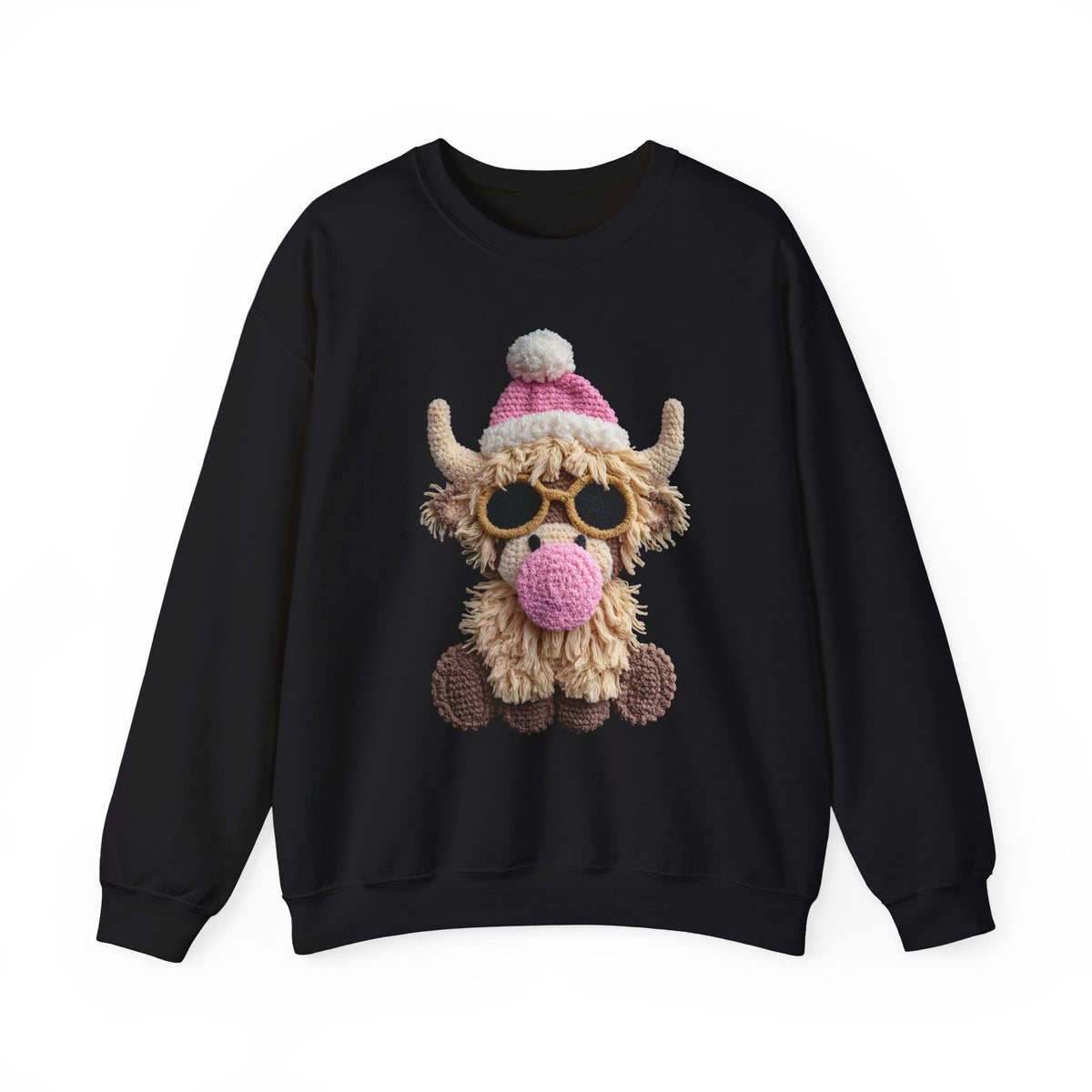 Faux Crochet Highland Cow Bubblegum – Gildan Heavy Blend | Trendy Women’s Soft Sweatshirt. Direct to Garment. Printed & Shipped in the USA. Unisex Sizes.