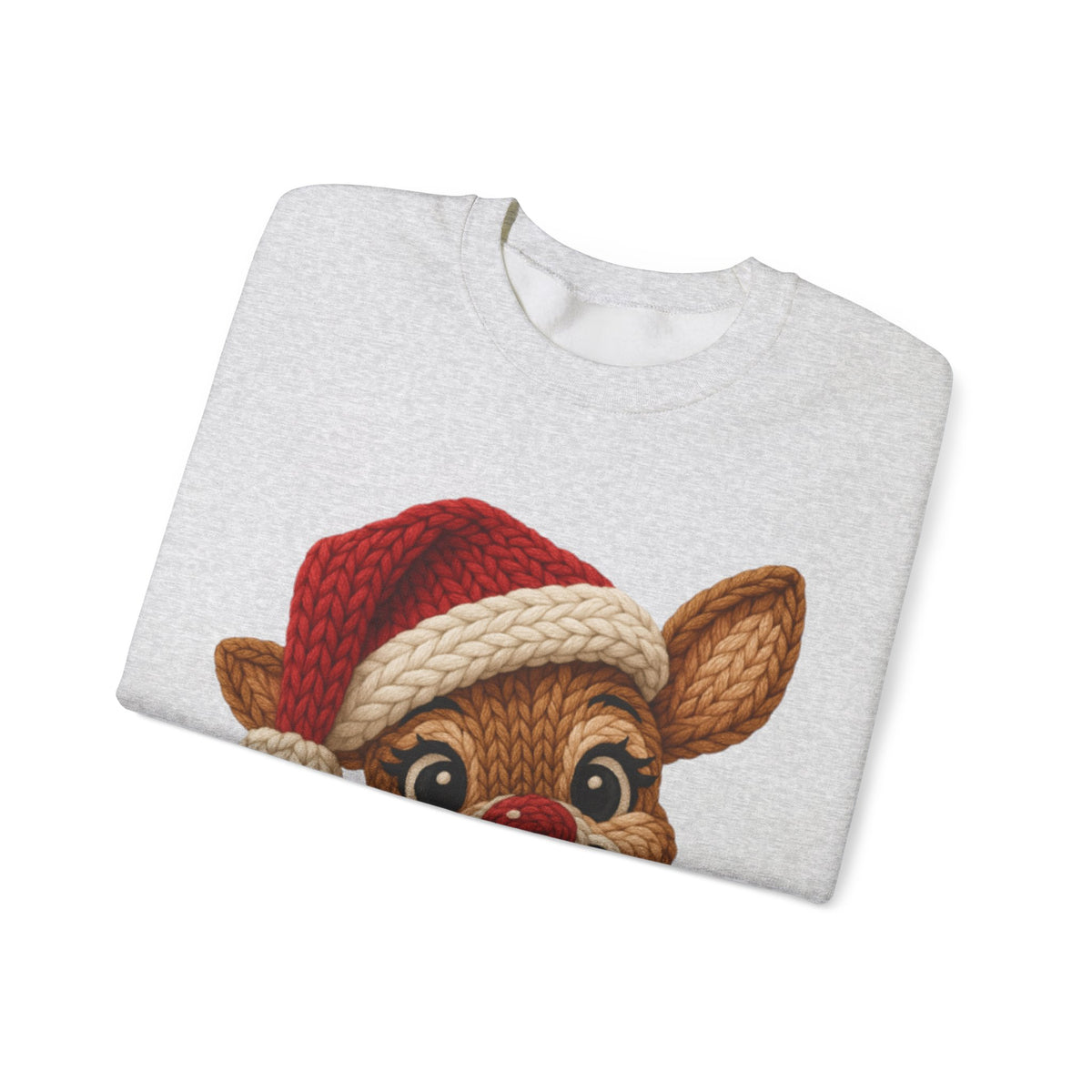 Cute Rudolph Faux Knit Look Reindeer w/Santa Hat – Gildan Heavy Blend | Trendy Women’s Soft Sweatshirt. Direct to Garment. Printed & Shipped in the USA. Unisex Sizes.