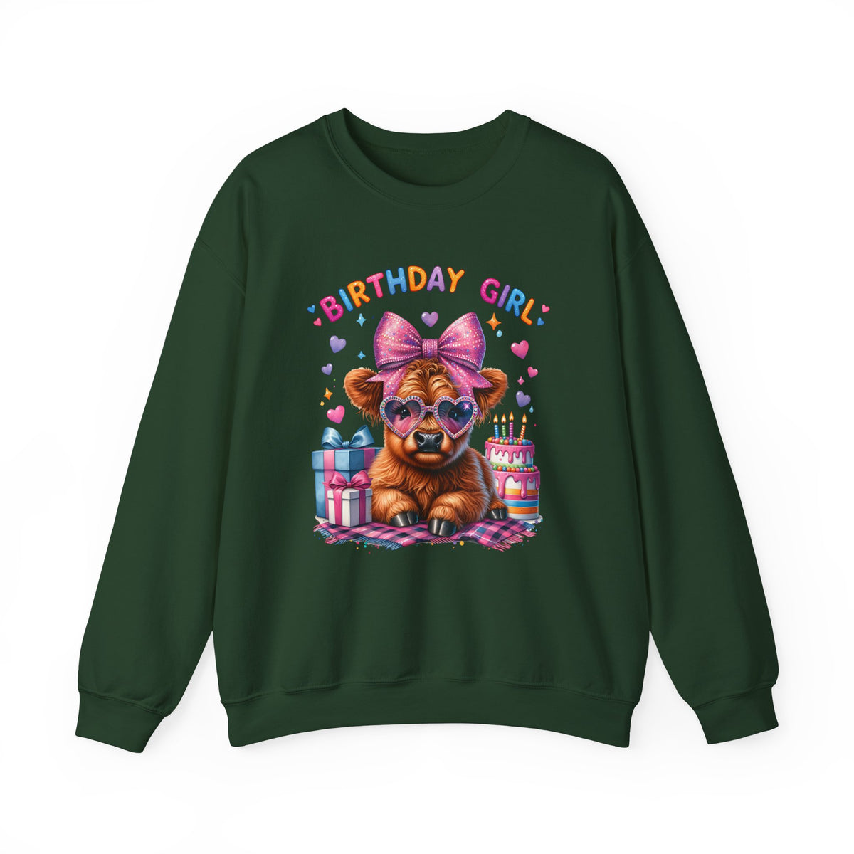 Birthday Girl, Highland Cow – Gildan Heavy Blend | Trendy Women’s Soft Sweatshirt. Direct to Garment. Printed & Shipped in the USA. Unisex Sizes.