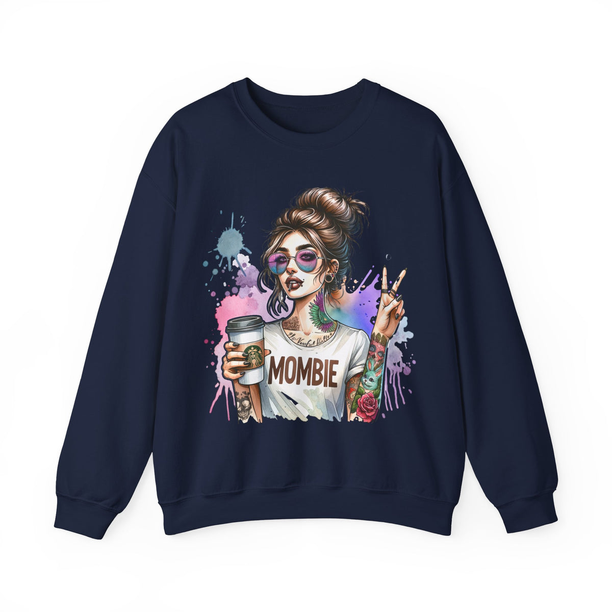 Cool Mombie with Coffee Peace Tattoo - Tired Mom – Gildan Heavy Blend | Trendy Women’s Soft Sweatshirt. Direct to Garment. Printed & Shipped in the USA. Unisex Sizes.